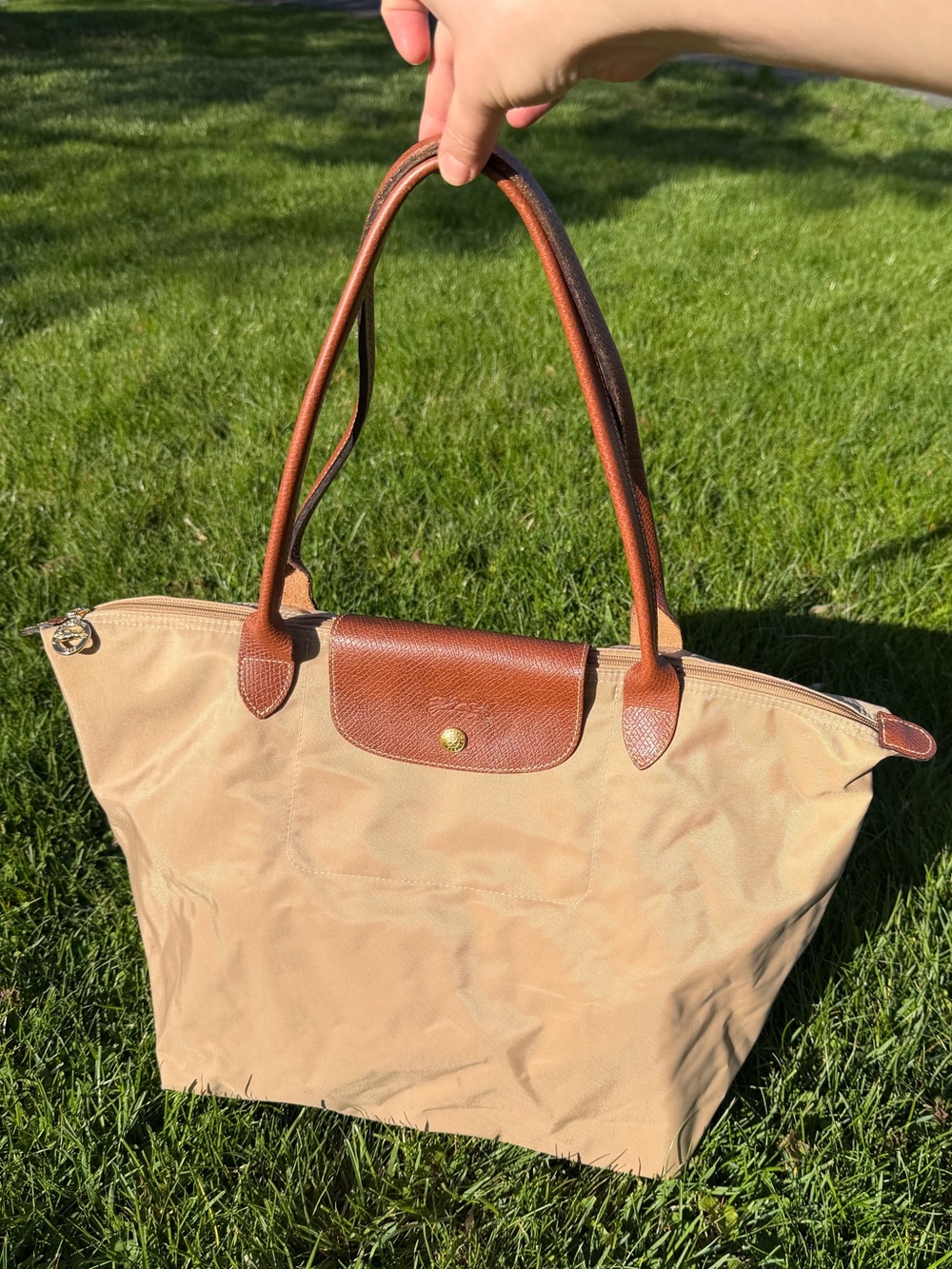 Longchamp Paris Tan Large Le Pliage Original Nylon & Leather Tote Bag